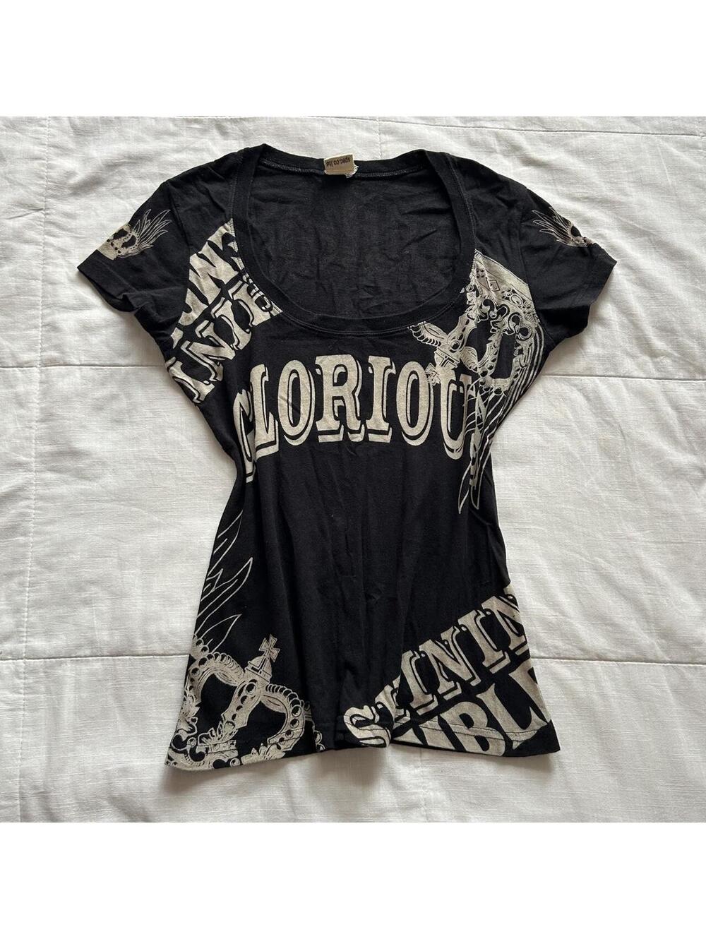 d.i.a. Black Cream Graphic Baby Tee Gothic Crown Print Scoop Neck XS Japan